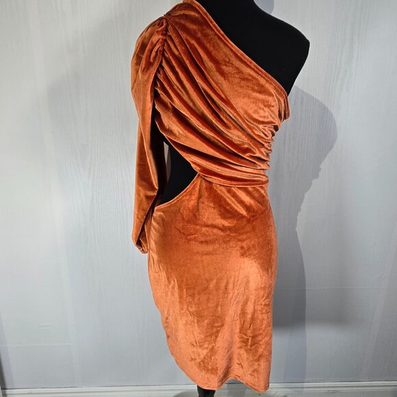 New Orange Rust Velvet One Shoulder Cutout Mini Dress Ruched Bodycon | Large - Picture 3 of 7